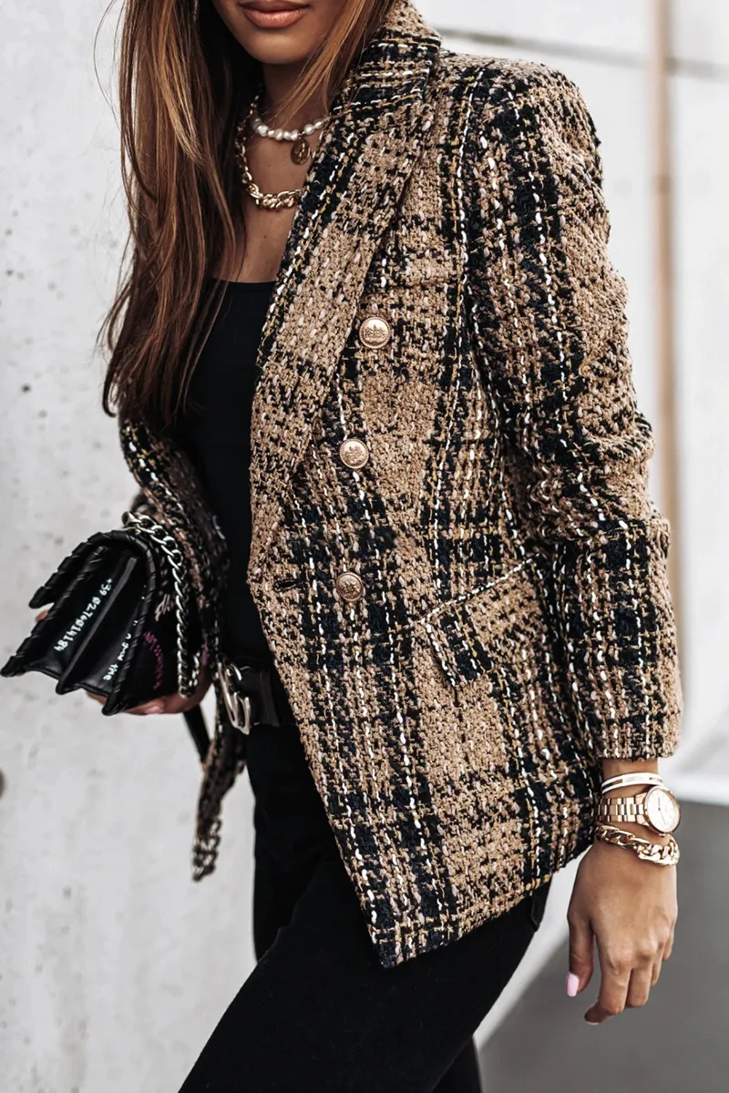 Elegant Plaid Striped Patchwork Buckle Turndown Collar Outerwear