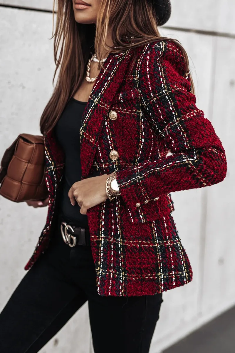 Elegant Plaid Striped Patchwork Buckle Turndown Collar Outerwear