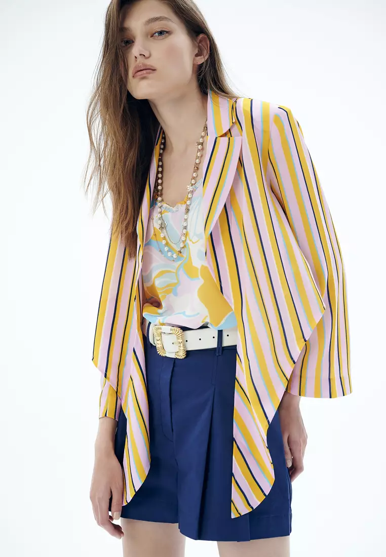 iROO Summer Stripe Print Front Tie Knot Crop Outerwear