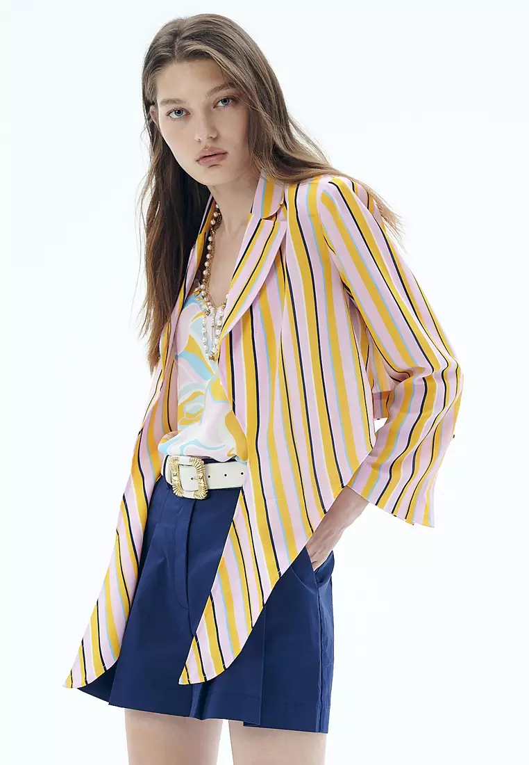 iROO Summer Stripe Print Front Tie Knot Crop Outerwear