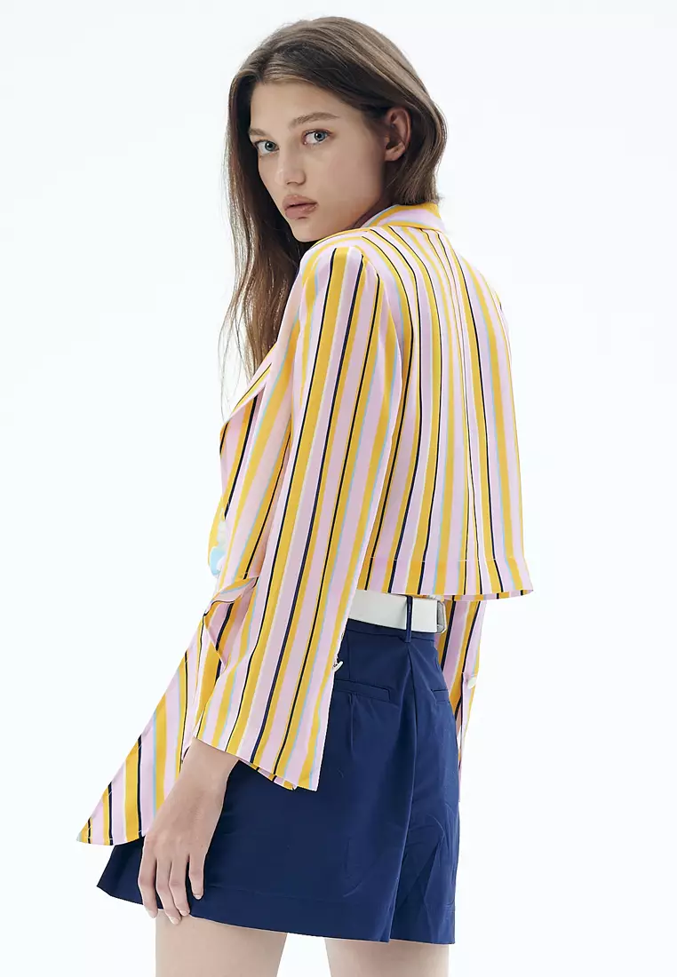 iROO Summer Stripe Print Front Tie Knot Crop Outerwear