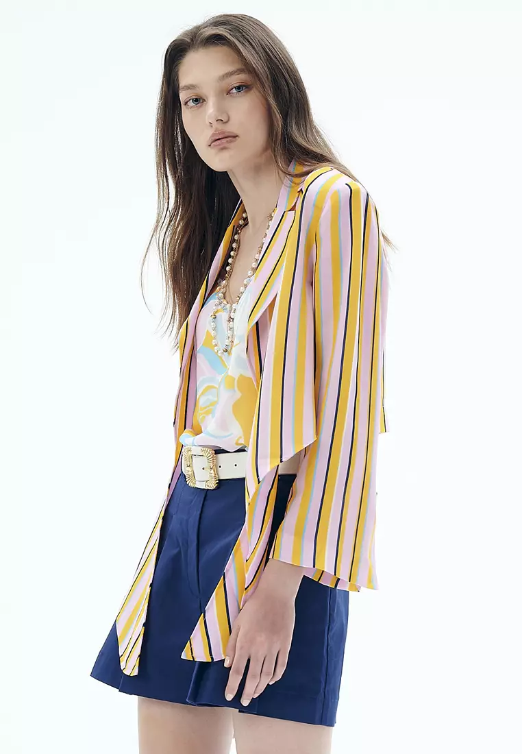 iROO Summer Stripe Print Front Tie Knot Crop Outerwear