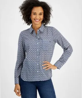 Nautica Jeans Women's Cotton Tile-Print Roll-Tab Shirt