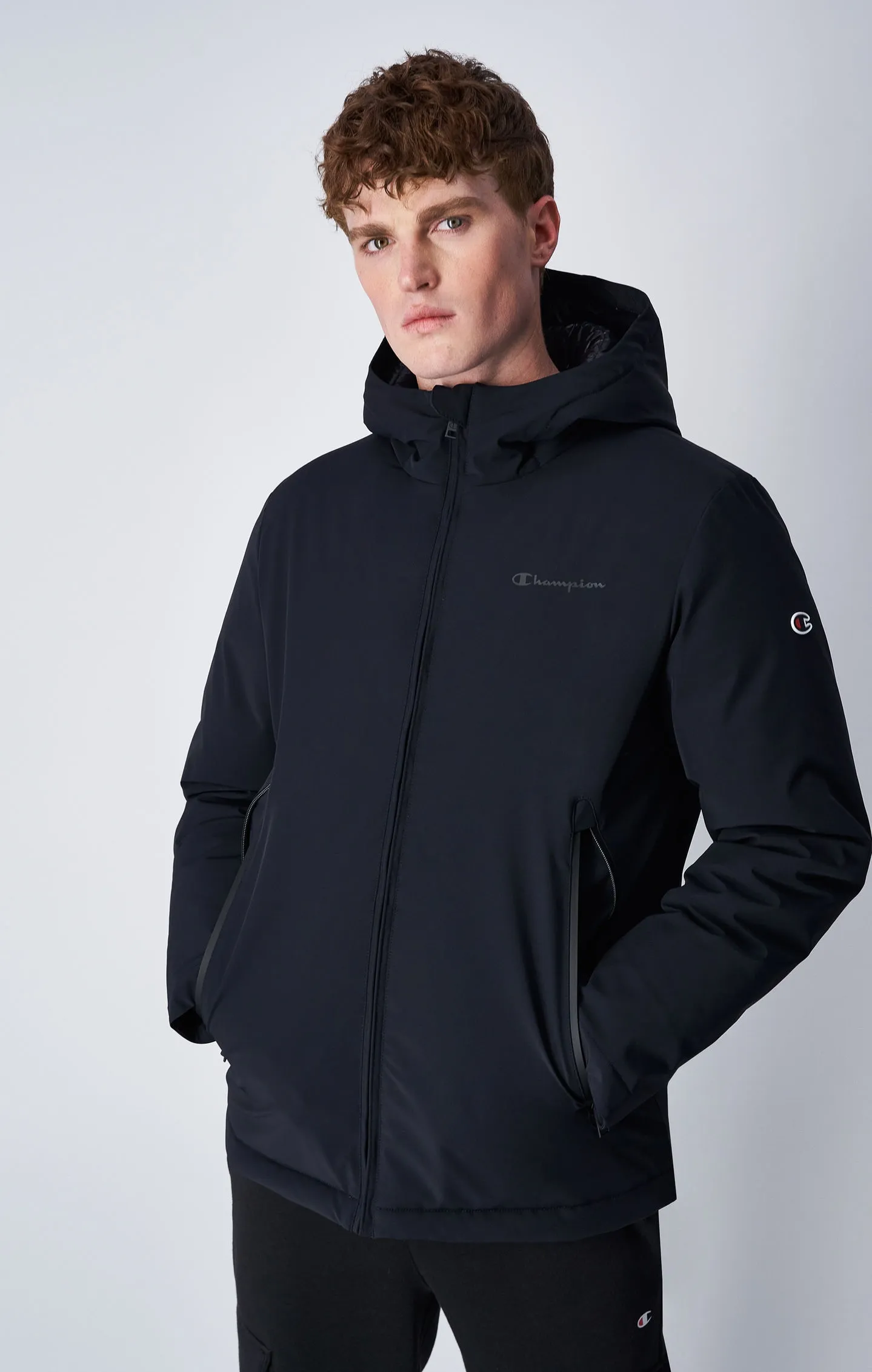 Outerwear Black Stretch Nylon Hooded Jacket