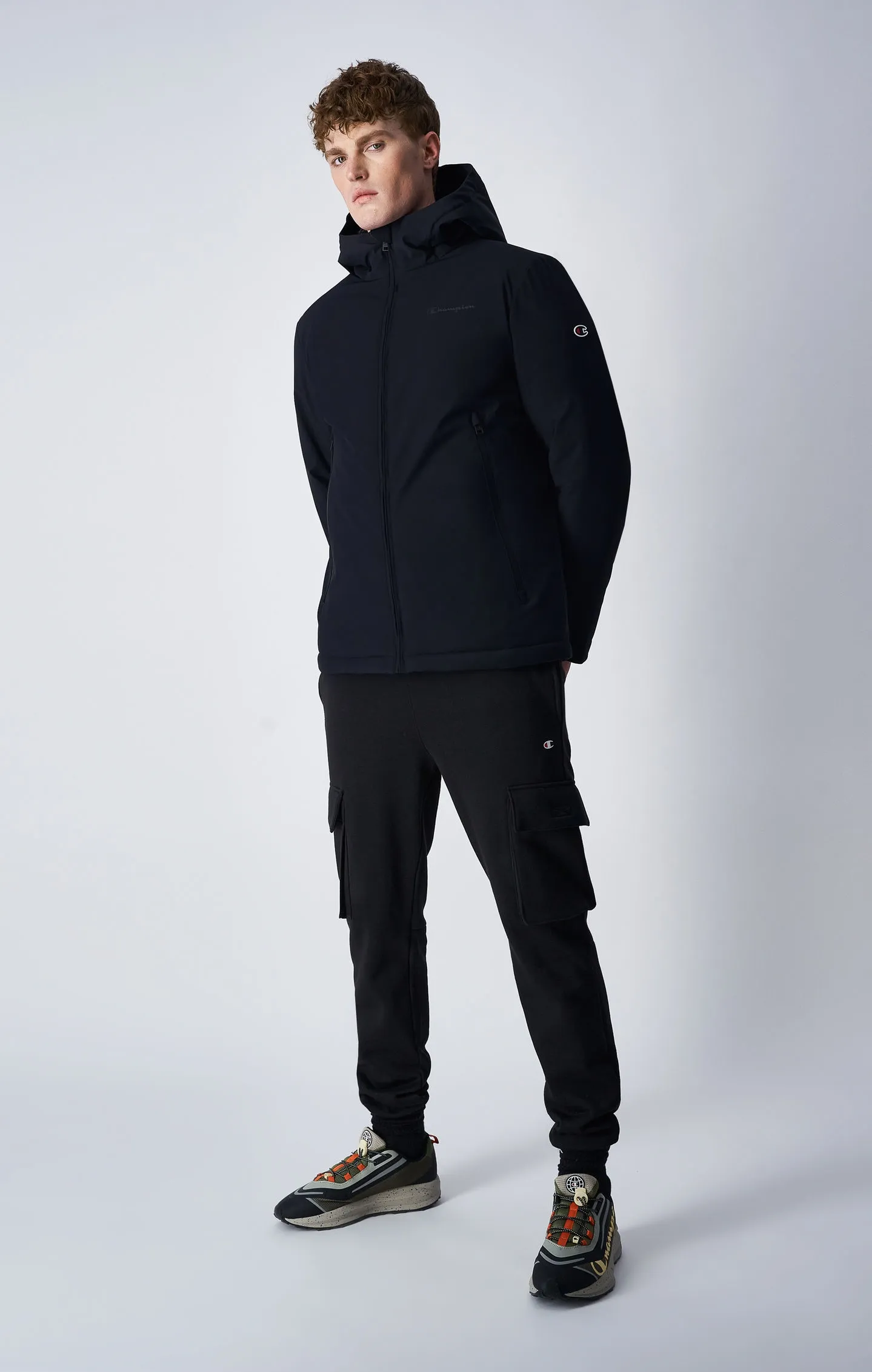 Outerwear Black Stretch Nylon Hooded Jacket